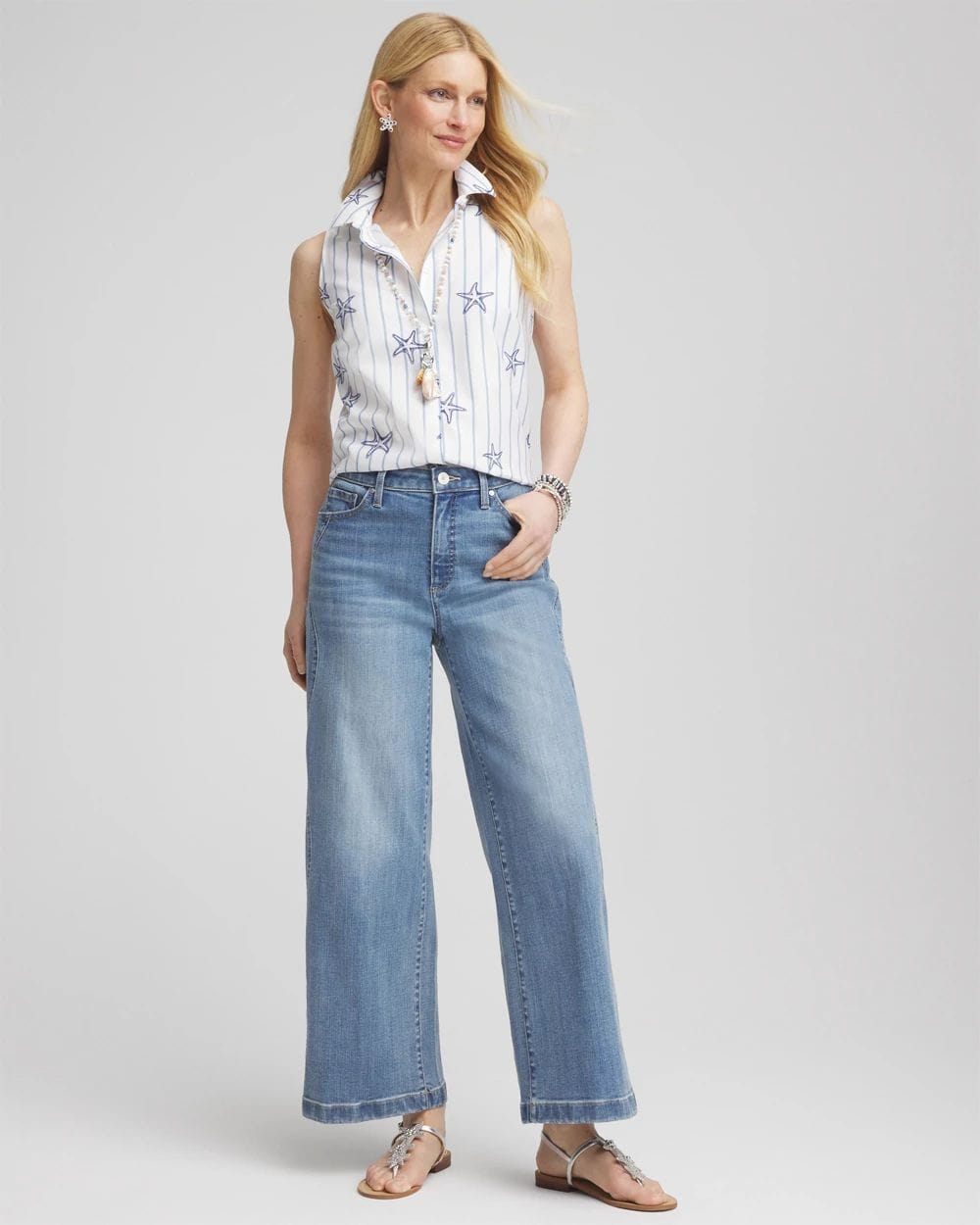 No Iron™ Starfish Striped Sleeveless Sateen Shirt | Chico's